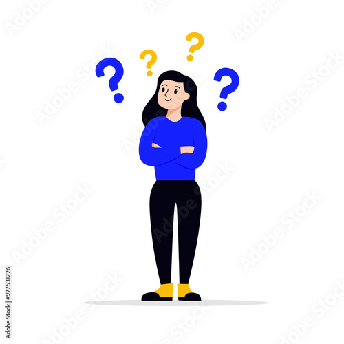 Illustration of a woman standing with question marks around her head, indicating confusion or thinking. graphic in blue and yellow colors.