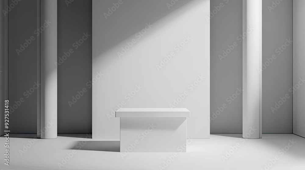 Minimalist gray room with a pulpit and podium. Includes a white display base with ample copy space for text or product presentation. 3D illustration with a clean and modern look. Minimalist gray room with a pulpit and podium. Includes a white display base with ample copy space for text or product presentation. 3D illustration with a clean and modern look.