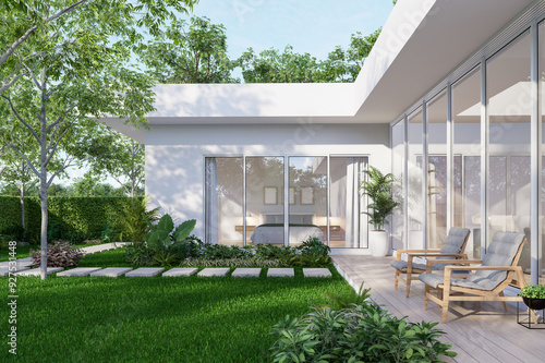 Fototapeta Naklejka Na Ścianę i Meble -  Minimal style modern white house exterior with tropical garden 3d render, wooden terrace decorated with outdoor fabric chair overlooking bedroom