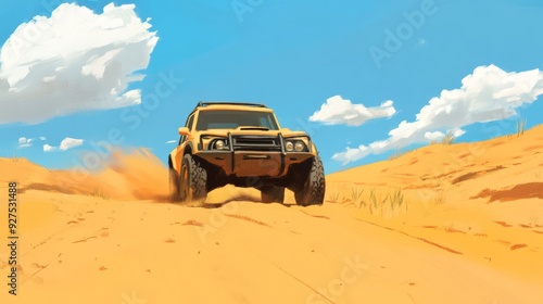 Yellow off-road vehicle driving through a desert landscape.