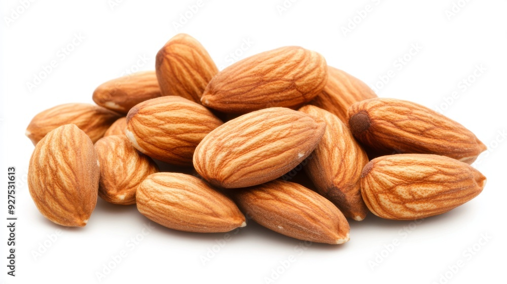 Almonds isolated on a white background. Pile of almonds nuts closeup Almonds isolated on a white background. Pile of almonds nuts closeup