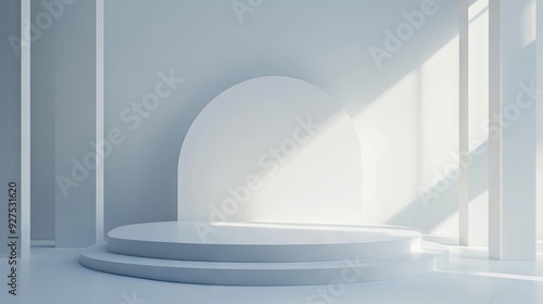 Minimalist white podium in a pristine white studio setting. Ideal for showcasing products or creating a clean, modern presentation. 3D rendering with a bright, spacious backdrop.