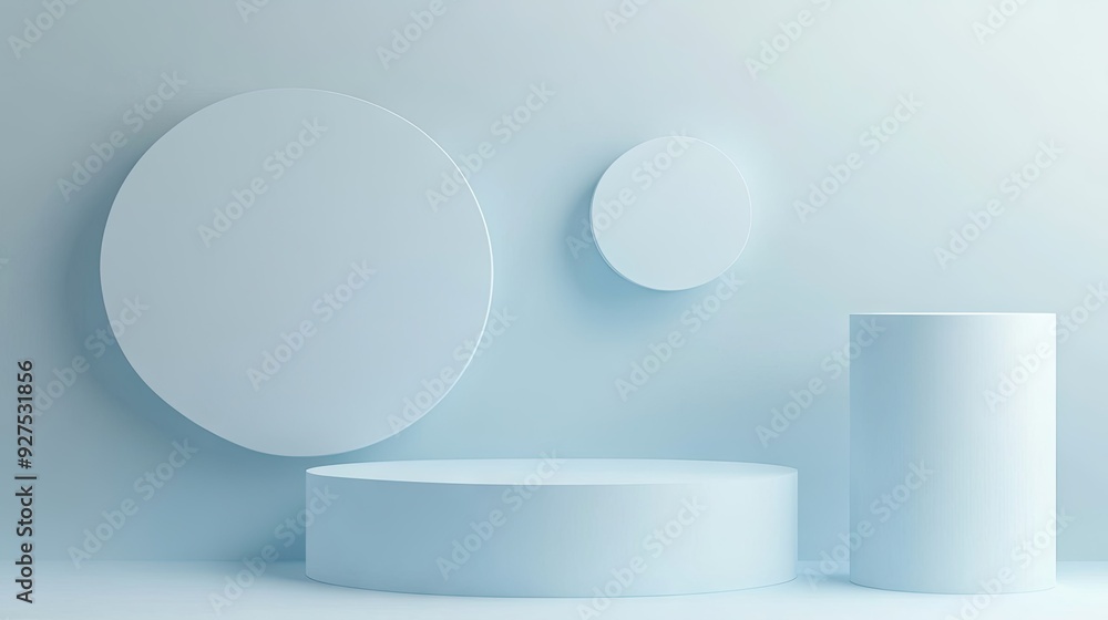 Minimalistic white and blue cylinder podium with geometric circle elements on a clean background. Modern abstract setting for cosmetic product showcases and presentations. Minimalistic white and blue cylinder podium with geometric circle elements on a clean background. Modern abstract setting for cosmetic product showcases and presentations.