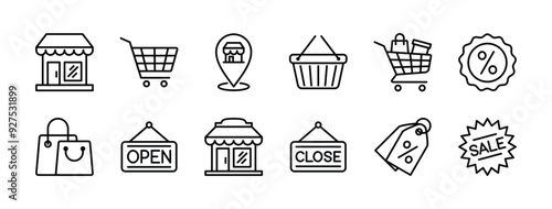 Shop or store line icon set. Containing bag and shopping cart, basket, map pin location, discount, open and close sign, sale, price tag, grocery, market, promotion, supermarket. Vector illustration