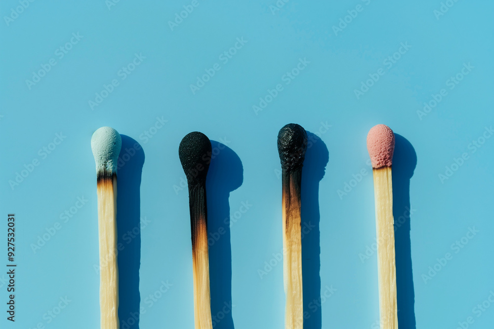 Four matches in various states of burning on a blue background. A study in contrasts and the passage of time. Four matches in various states of burning on a blue background. A study in contrasts and the passage of time.