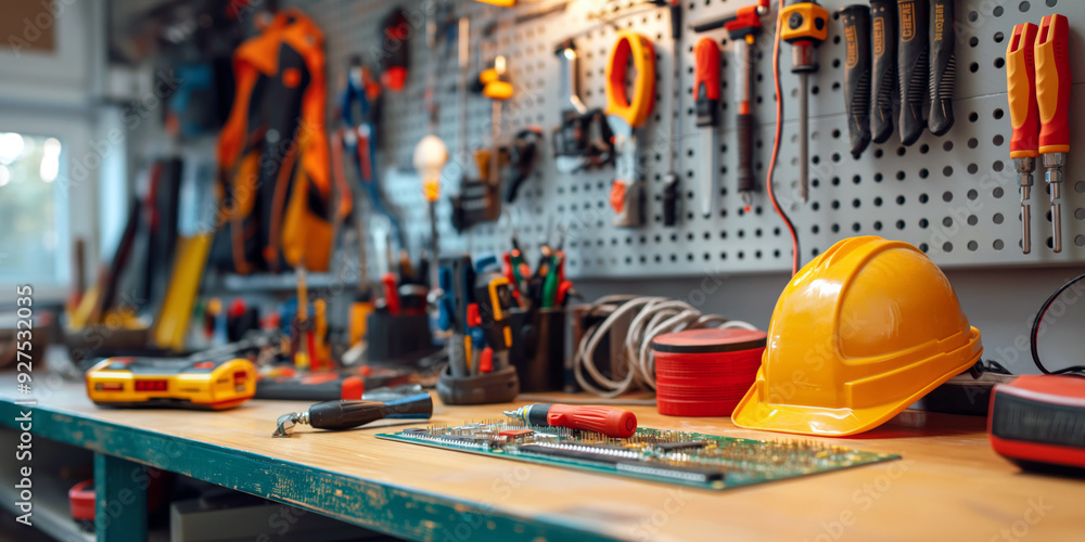 A workspace of an electrician, featuring a workbench with neatly arranged tools, and circuit board in progress,. A workspace of an electrician, featuring a workbench with neatly arranged tools, and circuit board in progress,.