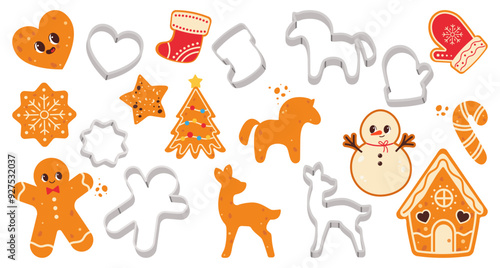 Cute vector Set of Gingerbread cookies and cookie cutters. Making Christmas gingerbread cookies. Christmas and New Year traditions concept. Vector illustration isolated. Vector for stickers, cards