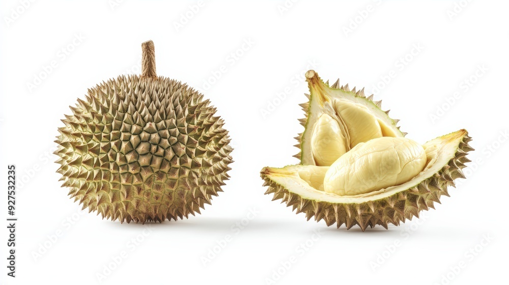 A whole durian with its spiky shell, and another opened to reveal the creamy yellow flesh, isolated on white A whole durian with its spiky shell, and another opened to reveal the creamy yellow flesh, isolated on white