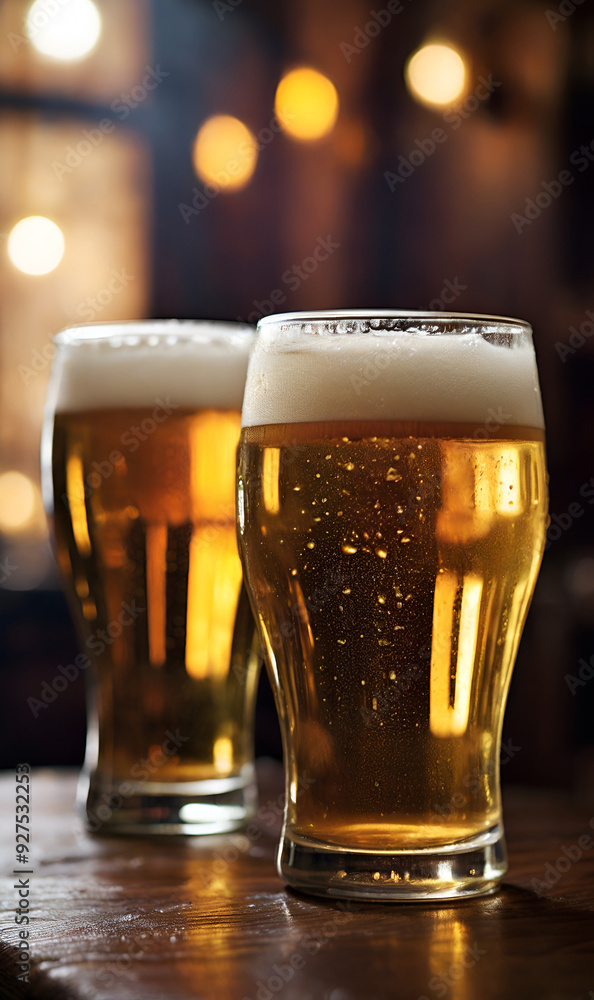 Two pints of beer, condensation, toast, warm wooden background, cozy Two pints of beer, condensation, toast, warm wooden background, cozy