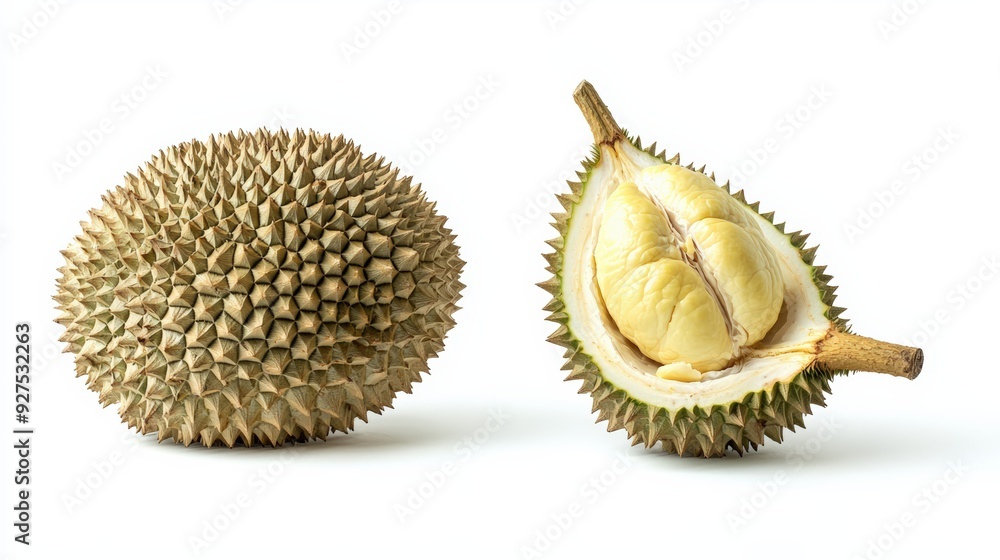 A whole durian with its spiky shell, and another opened to reveal the creamy yellow flesh, isolated on white A whole durian with its spiky shell, and another opened to reveal the creamy yellow flesh, isolated on white