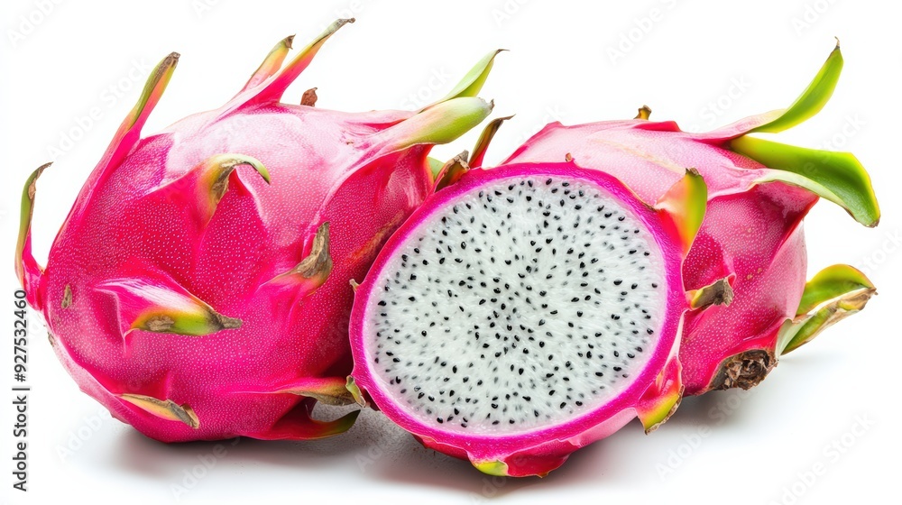 A whole dragon fruit (pitaya) with its bright pink skin, sliced to reveal the vibrant white and black speckled flesh A whole dragon fruit (pitaya) with its bright pink skin, sliced to reveal the vibrant white and black speckled flesh