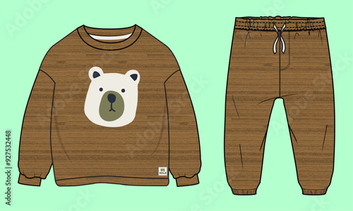 Boys drop shoulder winter brown texture terry fleece bear face crew neck sweatshirt and cuff jogger tracksuit flat sketch outline vector fashion illustration template.