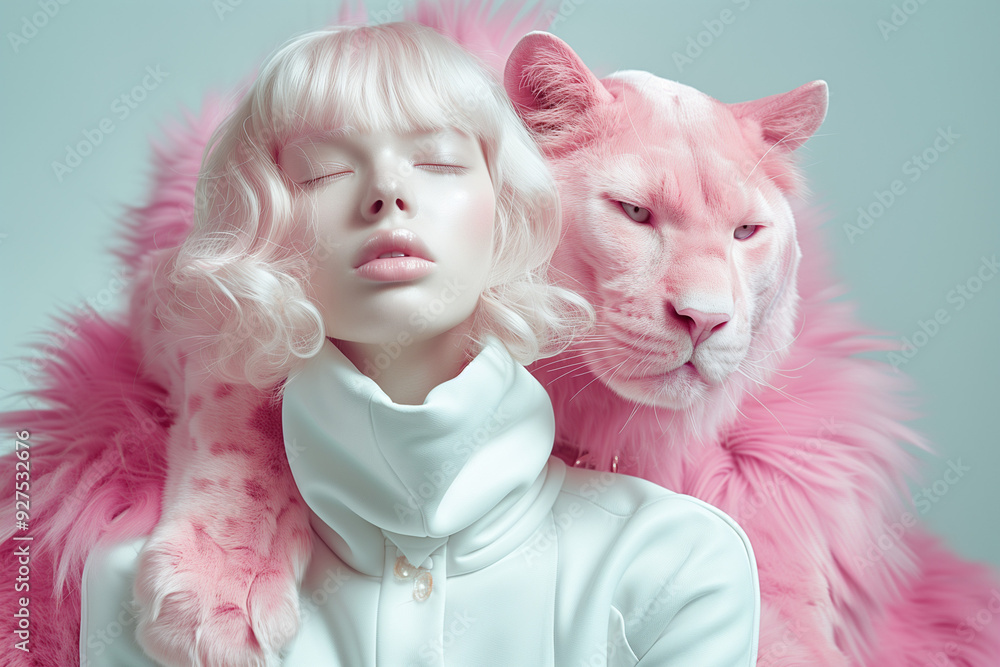 A surreal portrait of a model with platinum blonde hair posing with a pink panther, blending fashion with fantasy. An ethereal and imaginative representation of modern aesthetics. A surreal portrait of a model with platinum blonde hair posing with a pink panther, blending fashion with fantasy. An ethereal and imaginative representation of modern aesthetics.
