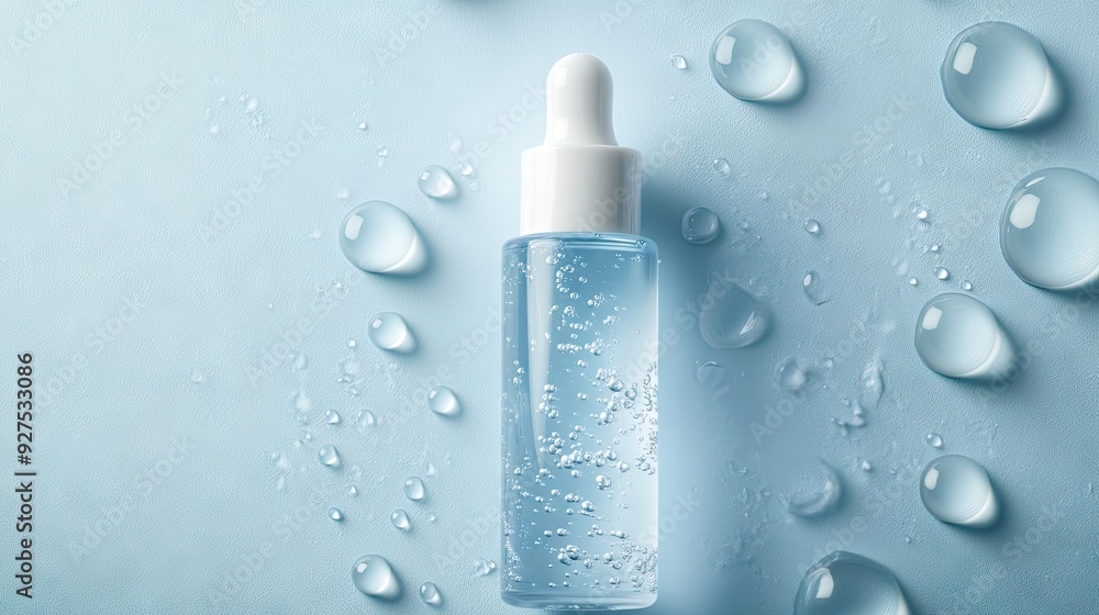 Moisturizer and hyaluronic acid serum on a blue background with droplets illustrating hydration and absorption into the skin. Ideal for skincare product advertising. Moisturizer and hyaluronic acid serum on a blue background with droplets illustrating hydration and absorption into the skin. Ideal for skincare product advertising.