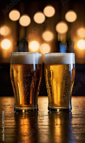 Two pints of beer, condensation, toast, warm wooden background, cozy