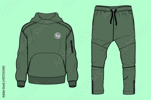 Boys drop shoulder sports urban green colour terry fleece hoodie and pants tracksuit flat sketch outline vector fashion illustration template.