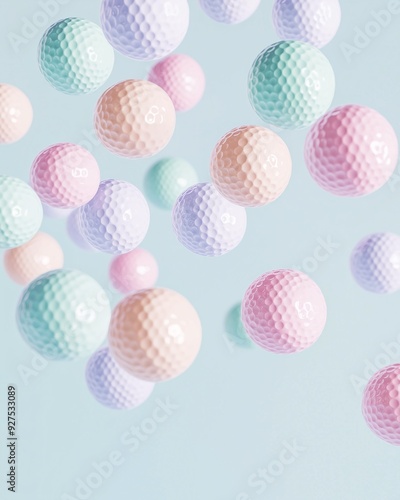 Many pastel golf balls falling on pastel blue background. Minimal creative sport concept.