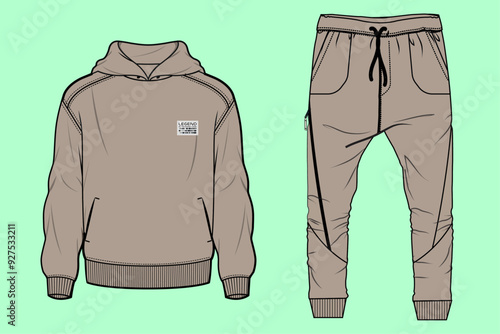 Boys drop shoulder sports urban brown colour terry fleece hoodie and cuff jogger tracksuit flat sketch outline vector fashion illustration template.