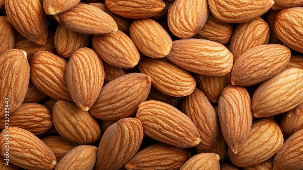Fototapeta premium Background of big peeled almonds nuts as situated arbitrarily, top view. Healthy snack