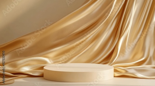 Opulent background with a beige podium on shimmering gold fabric waves. 3D rendering for high-end product showcases and branding purposes.