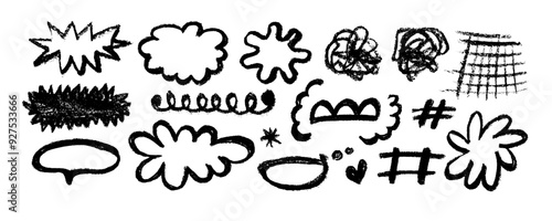 Collection organic grunge bold shapes, cloud, heart, grid, hashtag, speech bubble, curved lines and dots. Geometric vector set in Memphis style. Hand drawn geometric pattern.