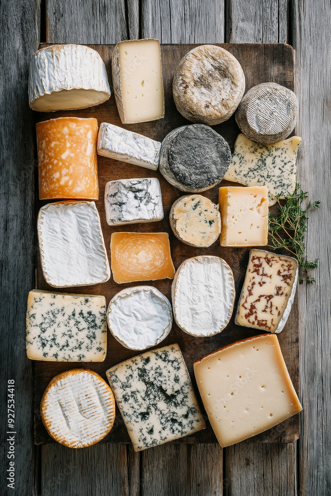 Variety of artisanal cheeses arranged on wooden background. Variety of artisanal cheeses arranged on wooden background.