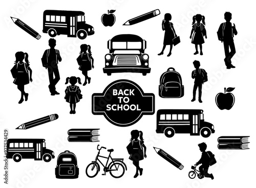 Abstract silhouette illustration for a group of school students carrying their bags and school elements school bus school bag