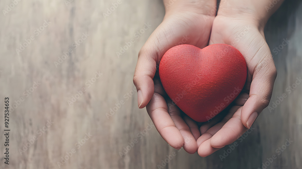 Hands gently holding a red heart, symbolizing love, care, and compassion on a wooden background. Perfect for healthcare, charity, and Valentine's themes. Hands gently holding a red heart, symbolizing love, care, and compassion on a wooden background. Perfect for healthcare, charity, and Valentine's themes.