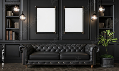 Mockup of two empty frames, modern design, gothic design, mockup for advertising paintings, living room