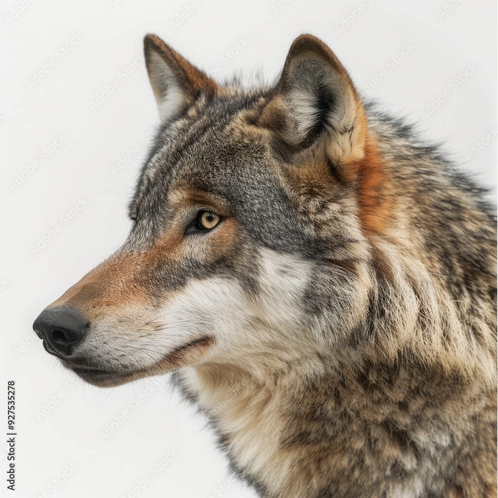 Fototapeta premium A close-up view of a majestic wolf. Its fur is detailed with shades of gray and brown. This striking animal embodies strength and grace in its natural habitat. Perfect for nature enthusiasts. AI