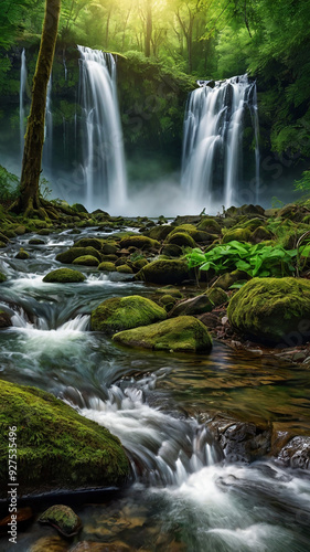 background view of a waterfall in the middle of a beautiful forest