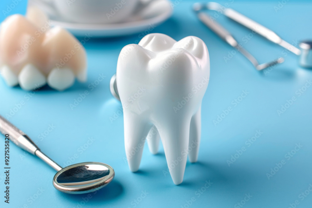 Tooth model with dental tools on blue background Tooth model with dental tools on blue background
