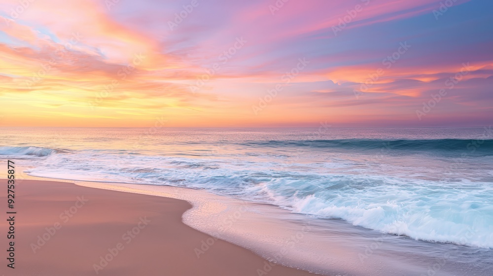 A tranquil beach at sunset, with waves gently lapping the shore and vibrant colors in the sky A tranquil beach at sunset, with waves gently lapping the shore and vibrant colors in the sky