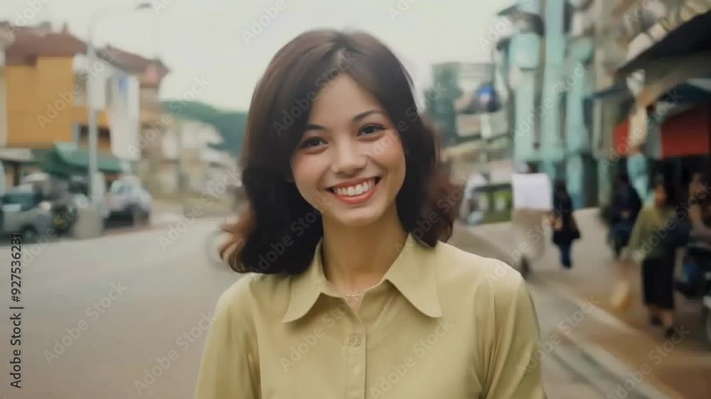 1970s woman smiling face on a street 1970s woman smiling face on a street