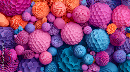 Vibrant abstract background with colorful 3D geometric shapes and textured spheres in shades of pink, orange, purple, and blue.