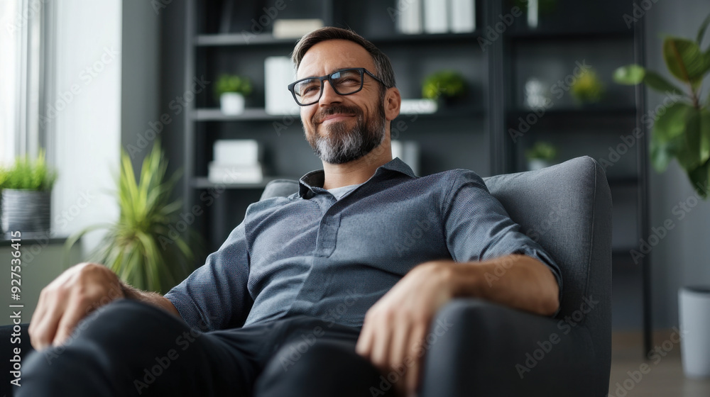 A smiling man with glasses relaxes in a comfortable chair in a modern home office, surrounded by plants and shelves.