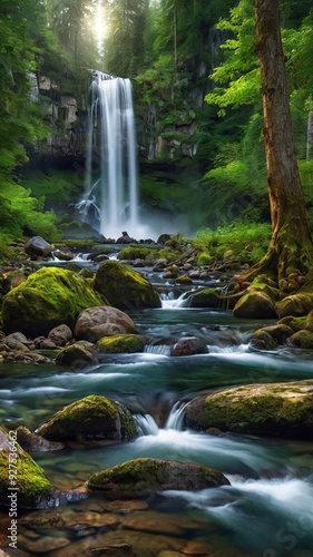 background view of a waterfall in the middle of a beautiful forest