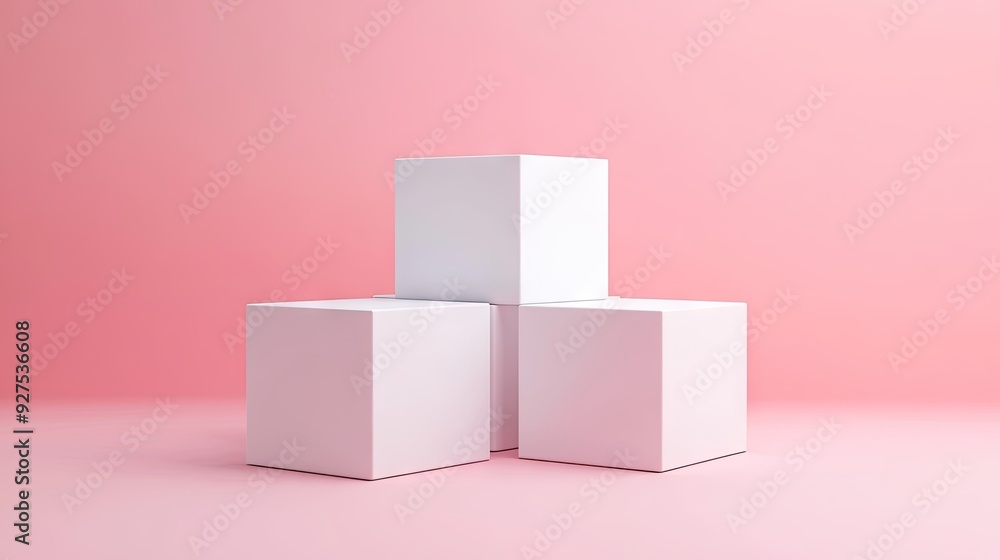 Simple and elegant white cube podiums on a pink pastel background. Ideal for 3D rendering product presentations and technical concept displays. Simple and elegant white cube podiums on a pink pastel background. Ideal for 3D rendering product presentations and technical concept displays.