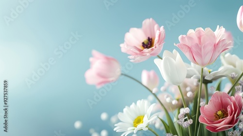 Elegant bouquet of pink and white flowers against a pastel blue background, capturing the beauty of nature and delicate floral arrangement.