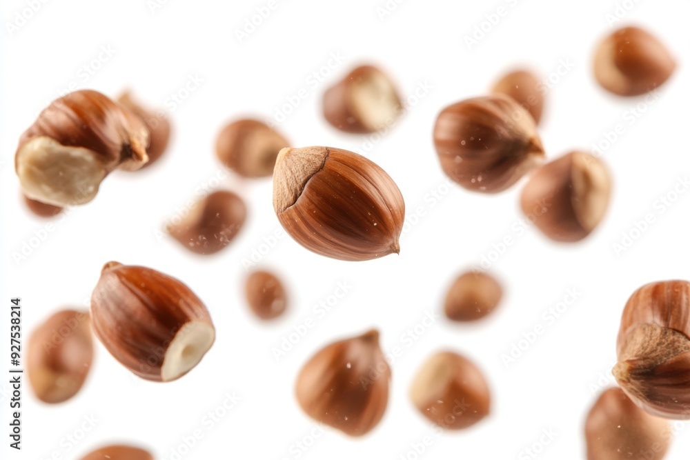 Flying in air hazelnuts isolated on white background. Falling hazelnuts Flying in air hazelnuts isolated on white background. Falling hazelnuts