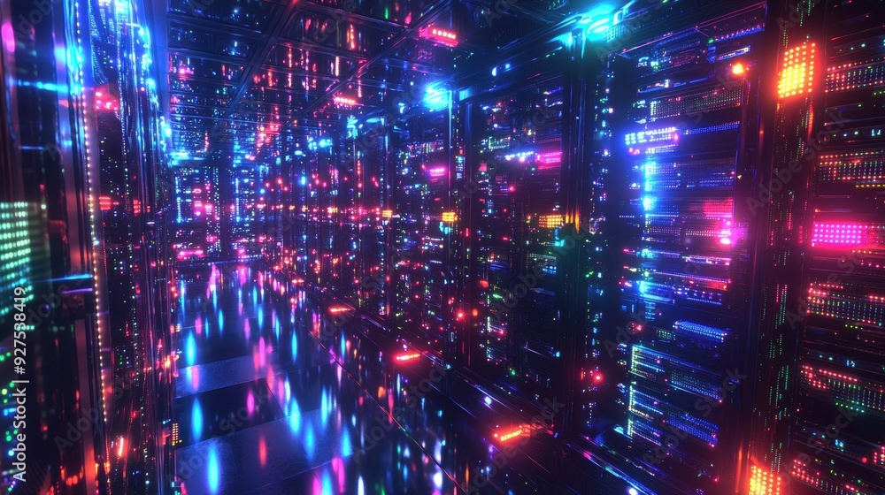 Illuminated Data Center with Rows of Servers Processing Information - Technology Infrastructure Concept Illuminated Data Center with Rows of Servers Processing Information - Technology Infrastructure Concept