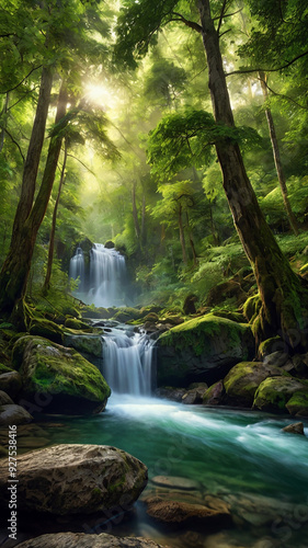 background view of a waterfall in the middle of a beautiful forest