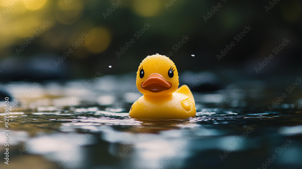 A yellow rubber duck floats gently on calm waters in a serene outdoor setting during daylight A yellow rubber duck floats gently on calm waters in a serene outdoor setting during daylight