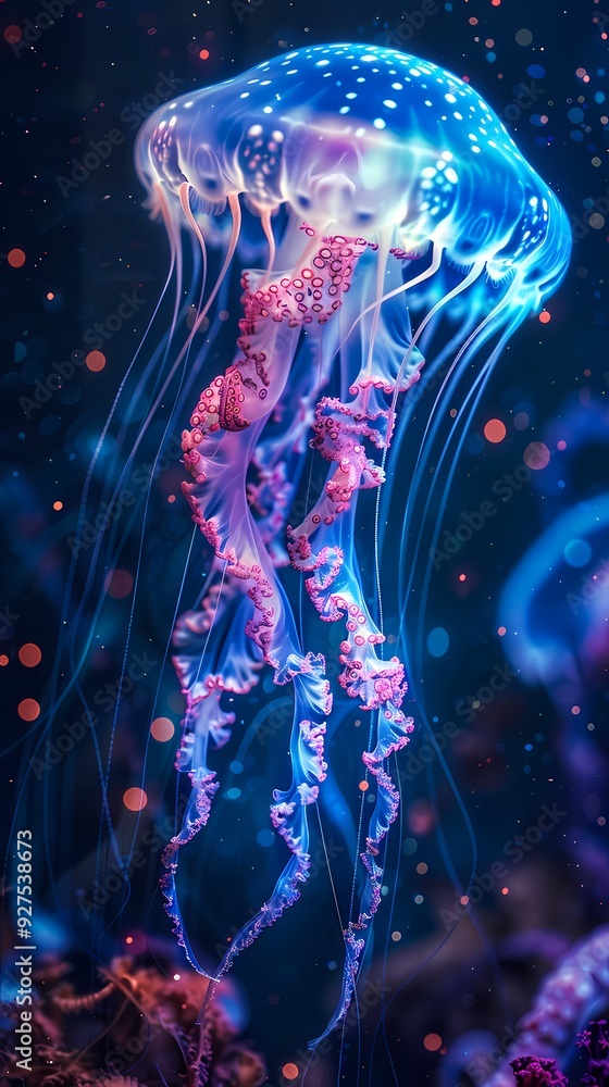 Digital underwater world blue jellyfish poster background Digital underwater world blue jellyfish poster background