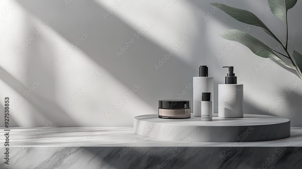 Stylish gray background featuring a premium podium for showcasing cosmetic products. Ideal for branding and packaging presentations. Studio stage with a refined shadow effect. Stylish gray background featuring a premium podium for showcasing cosmetic products. Ideal for branding and packaging presentations. Studio stage with a refined shadow effect.