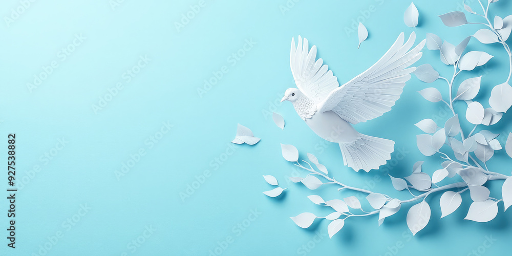 White dove flies gracefully in a peaceful blue sky, symbolizing hope and peace.International Day of Peace. Banner. Copy space White dove flies gracefully in a peaceful blue sky, symbolizing hope and peace.International Day of Peace. Banner. Copy space