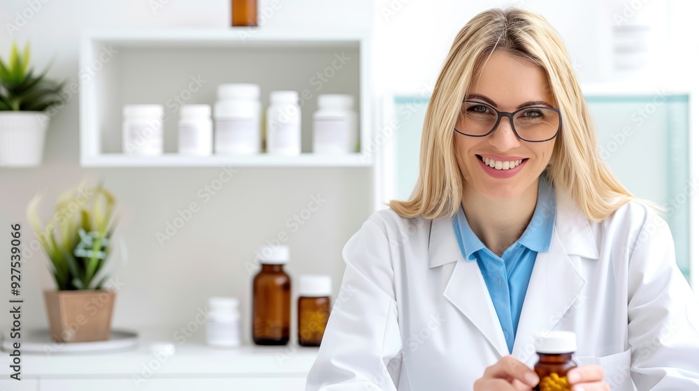 Smiling female pharmacist in a white coat holding medicine bottle in a pharmacy with shelves of pharmaceuticals in the background. Smiling female pharmacist in a white coat holding medicine bottle in a pharmacy with shelves of pharmaceuticals in the background.