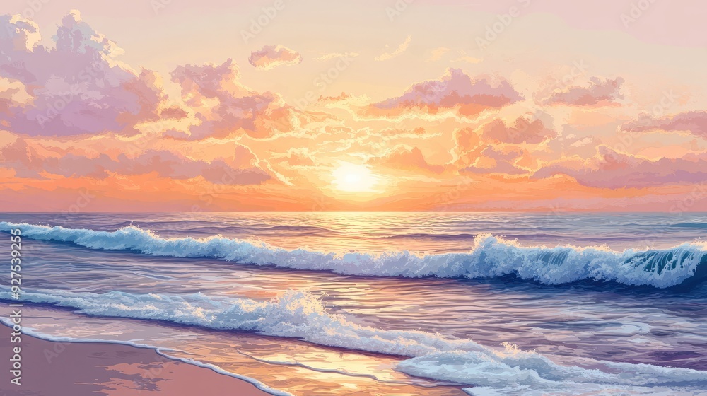 Summer sunrise over the sea, with calm waves and a stunning palette of warm colors. Vector illustration emphasizing the serene and artful beauty of coastal mornings or evenings. Summer sunrise over the sea, with calm waves and a stunning palette of warm colors. Vector illustration emphasizing the serene and artful beauty of coastal mornings or evenings.