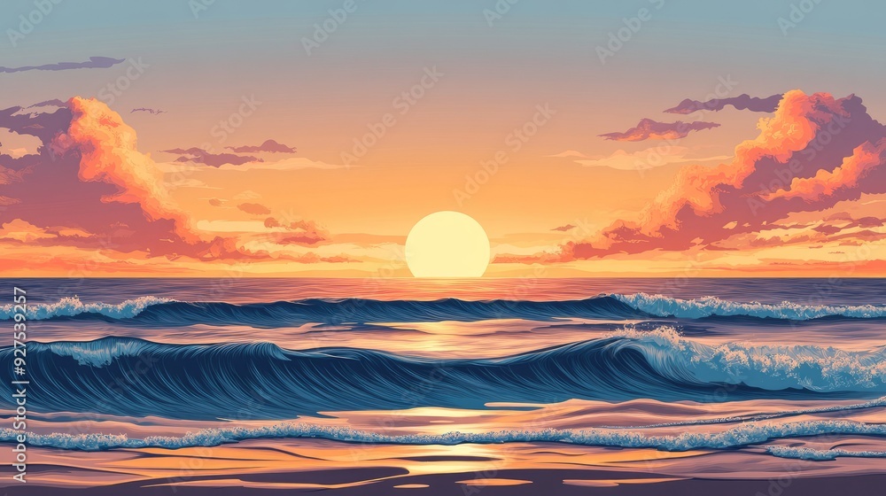 Obraz premium Summer sunrise over the sea, with calm waves and a stunning palette of warm colors. Vector illustration emphasizing the serene and artful beauty of coastal mornings or evenings.