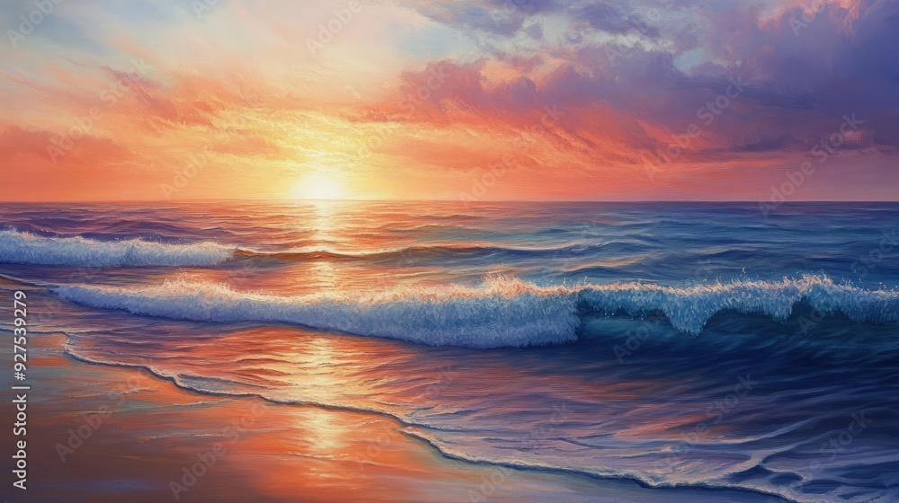 Fototapeta premium Summer sunset over the ocean with calm, reflective waves and a palette of bright warm colors. A peaceful seascape capturing the artful beauty of evening light.